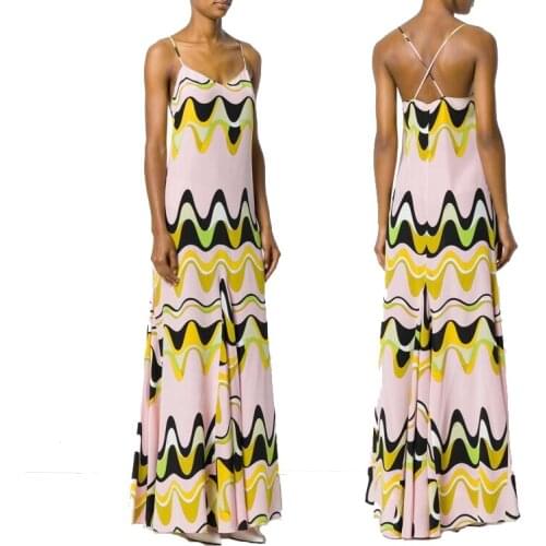 New lady, Bohemia fashion, beautiful print, elastic, slim, long Spaghetti Strap silk dress