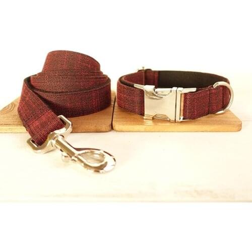 Customized Dog Collar Engraved Puppy ID Tag Leash Collar Set Adjustable Outdoor Solid Fiber Cotton Pet Collar Leash THE RED SUIT