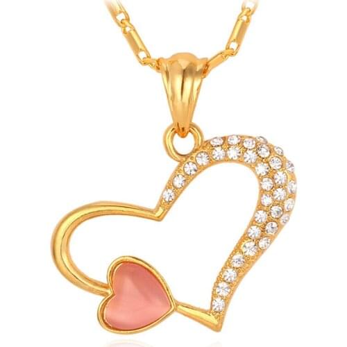 Opal Heart Pendants Necklace Classical Yellow Gold Color Necklace Pink Rhinestone Jewelry Wholesale Valentines Day Gift P219