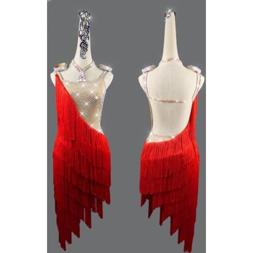 Latin Dance Dress Latin Skirt Competition Dress Costumes Performing Dresses Sparkly Rhinestones Customize Children Tassel Skirts