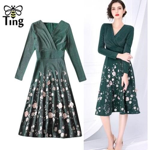 Tingfly Vintage Elegant Flower Embroidery Casual Knee Length Dress With Sashes High Waist A Line Women Office Work Dress Vestido