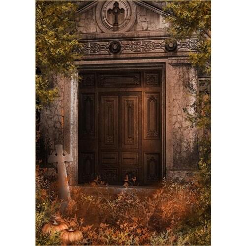 Vintage Door Pumpkin Cross Photographic Backgrounds Vinyl Backdrop for Children Baby Halloween Party Photoshoot Photo Studio