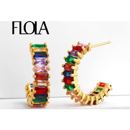 FLOLA Cubic Zirconia Baguette Rainbow Hoop Earrings Girl Multi-color Baguette Hoops Pendientes Gold Filled Huggie Jewelry ersq36