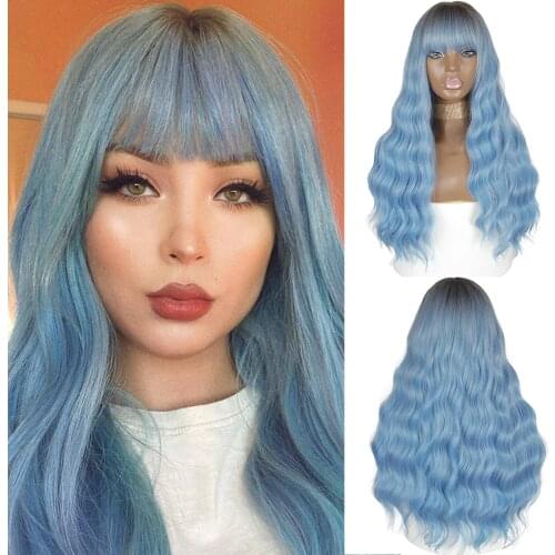 AZQUEEN Long Blue Ombre Wigs High Density Temperature Synthetic Wigs For Black/White Women Wavy Cosplay Wigs