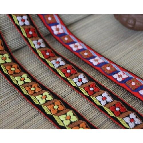 3/4" 20mm Wide Zakka Handmade Three-color embroidered flowers polyester Woven Jacquard Ribbon Dog Chain Accessories 10yd/lots