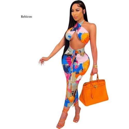 2021 Sexy Print Tracksuit Woman Two Piece Boho Outfit Suits Halter Bandage Tanks and Ruched Drawstring Midi Skirts Matching Sets
