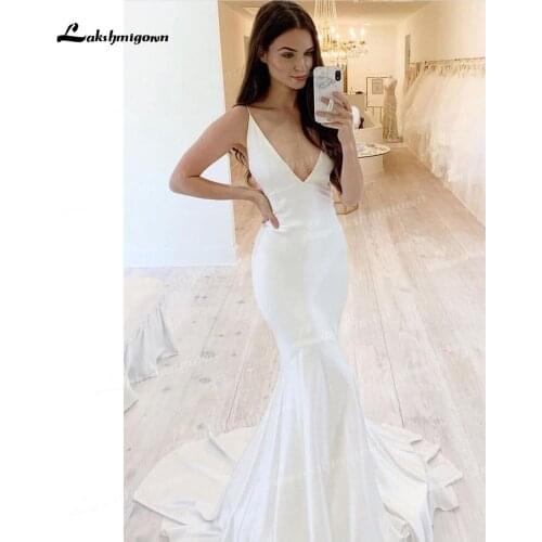 Simple Soft Satin Mermaid Wedding Dresses Spaghetti Straps Sexy V-Neck Sleeveless Open Back Sweep/Brush Train Bride Gowns Pleats