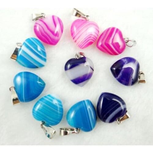 Natural Stone Quartz Crystal Turquoises Tiger Eye Aventurine Charms Agate stripes Heart Pendants For DIY Jewelry Making 12pcs