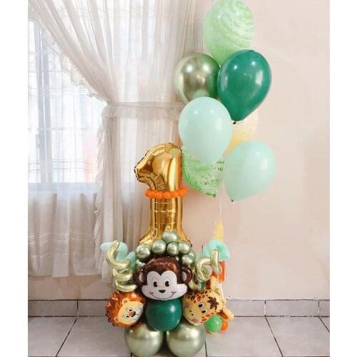 37Pcs Jungle Animal Balloons Set Metallic Green Latex Balloon 32inch Gold Number Globos Kids Birthday Party Baby Shower Decor