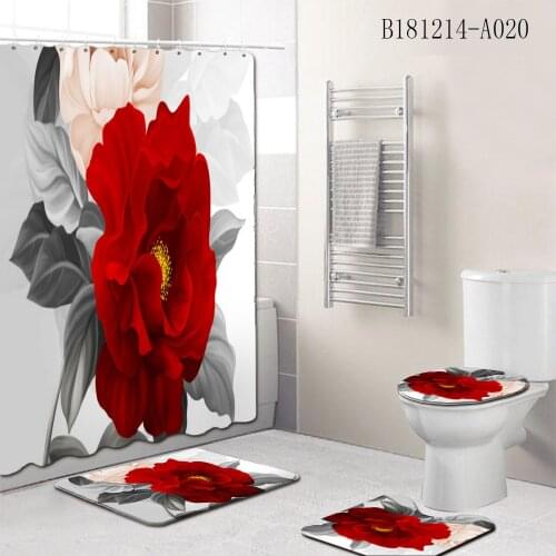 4Pcs/Set Elegant Flowers Pattern Shower Curtain Mat Set Non Slip Rugs Carpet for Bathroom Toilet Bath