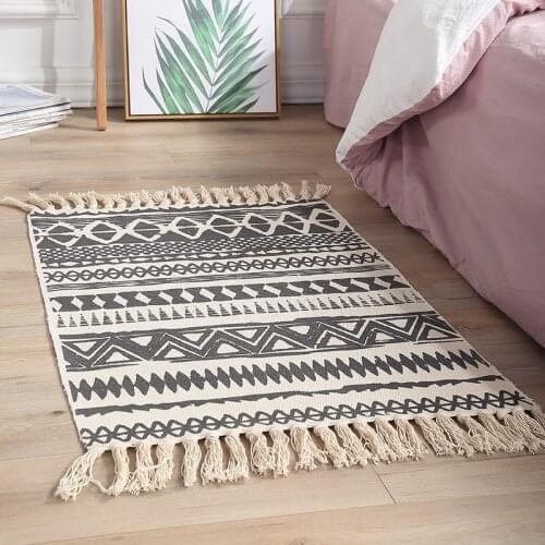 60x90cm fashion Bohemian Area Rug Cotton Linen Hand Woven Geometric Tassel Home Carpet Soft Table Runner Door Mat Home Decorate