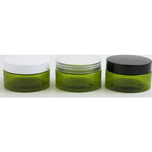 Good Quality 30 x 100g 100ml Empty Green Medium PET Plastic Cosmetic Jar with Seal and black white clear Cap Cream Container