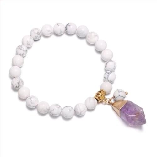 FYSL Light Yellow Gold Color Irregular Shape Amethysts Connect White Howlite Stone Beads Elastic Bracelet Charm Jewelry