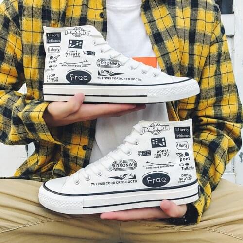 Men Casual Shoes Flat Fashion Graffiti Lace Up Autumn Spring Canvas High Top Sneakers Male Non-slip Breathable Comfortable