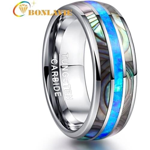 BONLAVIE 8MM Wide Inlaid Shells Blue Opal Tungsten Steel Mens Rings Never Fade Engagement Ring
