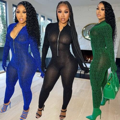 Jumpsuits2021 Autumn and Winter New Fashion Casual Tight-Fitting Womens Zipper Solid Color Mesh Long-Sleeved 3-Color Jumpsuit