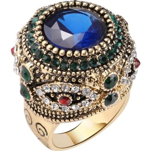 Megin D Gold Plated Blue Stone Luxury Zircon Resin Boho Vintage Indian Rings for Women Wedding Couple Friends Gift Jewelry Bague