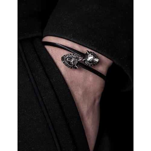 Trendy Wolf Head Charm Stainless Steel Hemp Rope Buckle Open Bangles Cross Cuff Bracelet For Men Women Unisex Jewelry