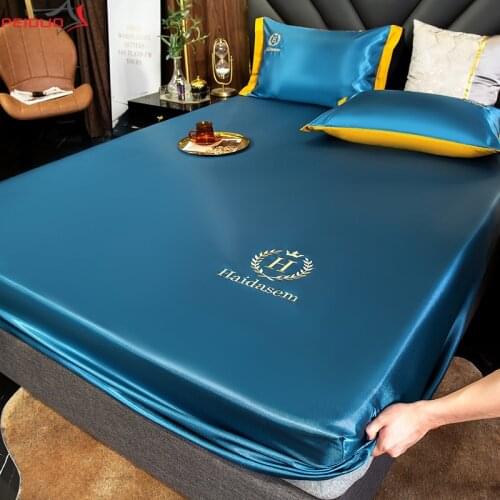 PEIDUO Satin Silk Fitted Sheet High-End Solid Color Mattress Cover Bed Sheet Portable Mattress Cover Bedding With Pillowcase