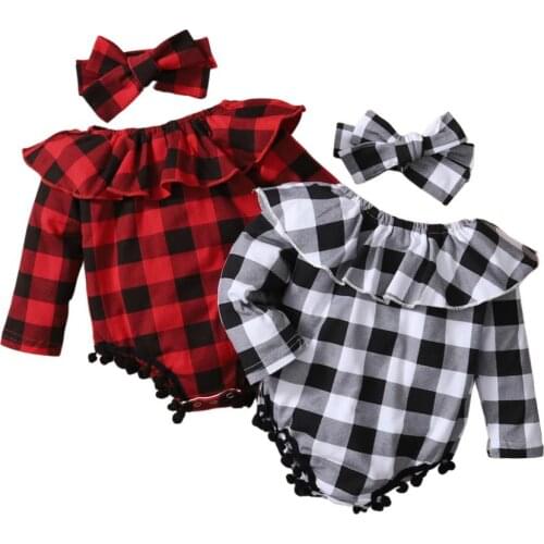 2021 New Baby Girls Plaid Printed Pattern Long Sleeve Romper Headdress Plaid Cotton Baby Bodysuits Clothes
