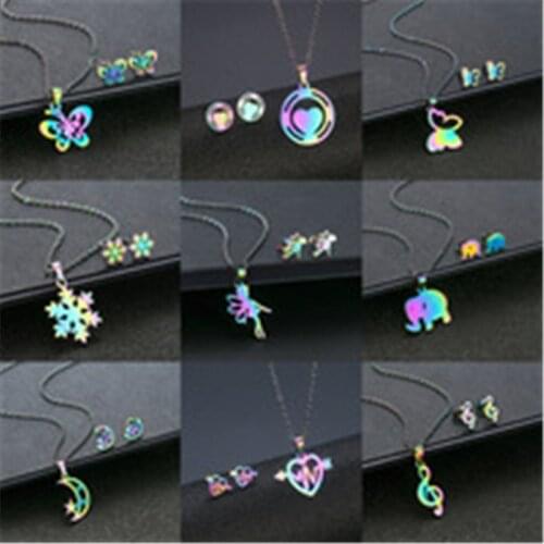 New Colorful Lifelike Butterfly Snowflake Necklaces Earings Set Stainless Steel Jewelry for Women Moon Star Necklace Pendientes