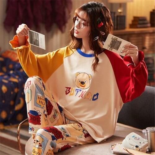 Pajama set ladies autumn 2020 new cotton nightgown women long sleeve cartoon loose home service two-piece suit sexy sleepwear