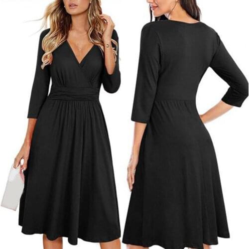 Women Fashion Graceful Dress Solid Color All Match Loose Hem Leopard Print Lady Dress for Office Party Dating