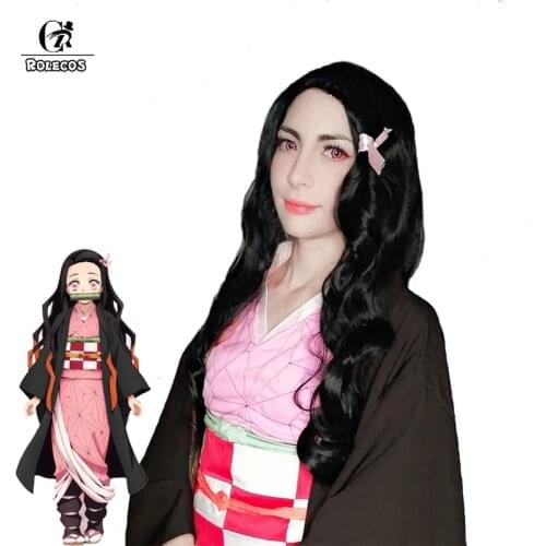 ROLECOS Anime Demon Slayer Cosplay Hair Kamado Nezuko Cosplay Long Hair Kimetsu no Yaiba Women Synthetic Hair Headwear
