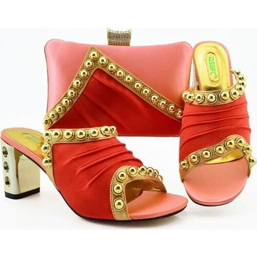 Special Arrivals Wedding Nigerian Party Shoes with Matching Bags Ladies Shoe and Bag Set Decorated in Peach Color for Party