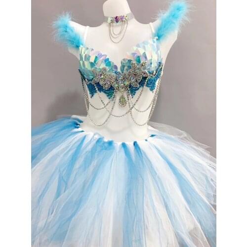Bar Club Rave Party Dance Outfit Blue Sequins Rhinestones Bra Mesh TUTU Skirt Sexy Women Set Nightclub DJ Singer Costume 2 Piece