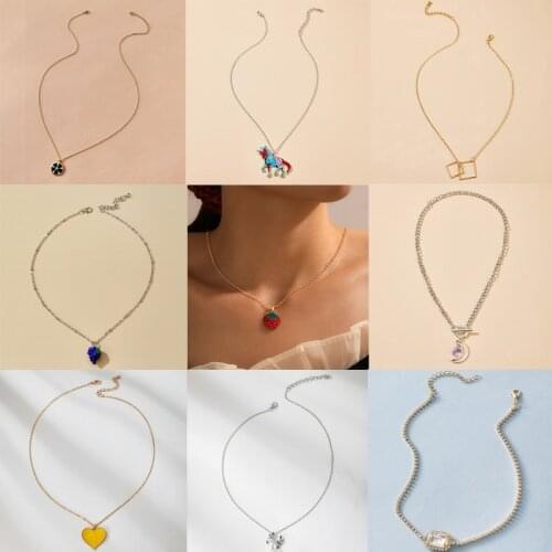 Tocona Exquisite Shiny Rhinestone Heart Pendant Necklace Color Horse Lovely Fruit Pearl Chain Choker Necklace Jewelry Collar