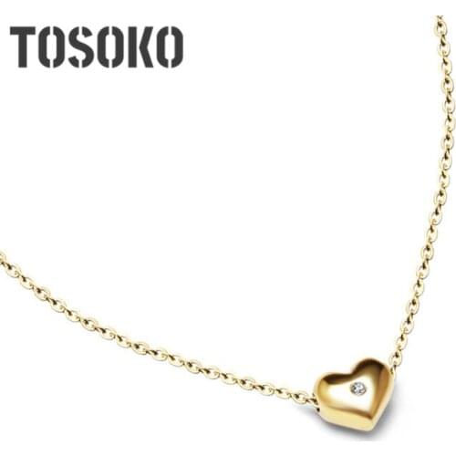 TOSOKO Fashion Cute Mini Peach Heart With Zircon Clavicle Pendant Necklace For Women Stainless Steel Jewelry BSP197