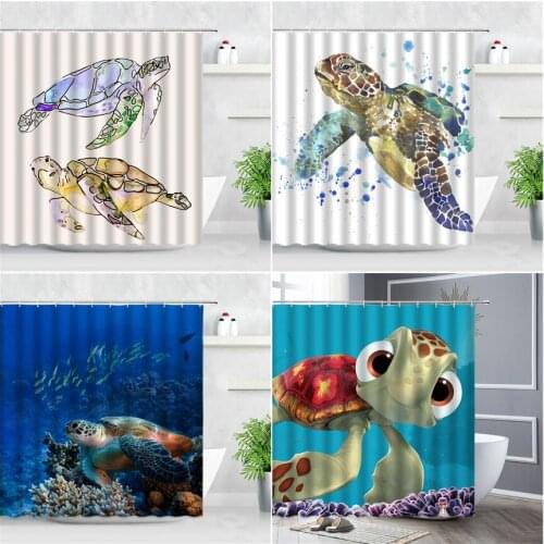 Waterproof Fabric Shower Curtains Sea Turtle Ocean Animals Water Color Art Print Children Bathroom Decor Hooks Bath Curtain Set