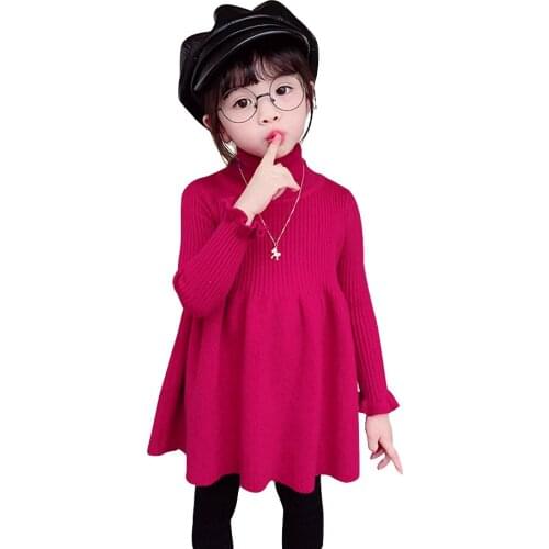 Girls Knitted Dress Butterfly Sleeve Sweater Dress For Kids Girl Solid Color Children Winter Dress Turtleneck Clothes For Girls