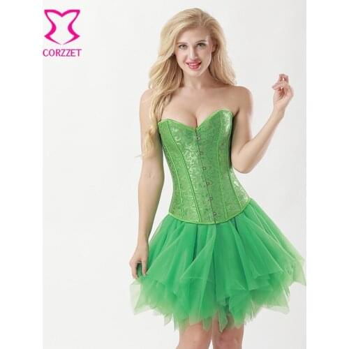 Green Jacquard Overbust Sexy Corset Bustier Mesh Skirt Outfits Burlesque Dress Victorian Corsets and Bustiers Gothic Clothing