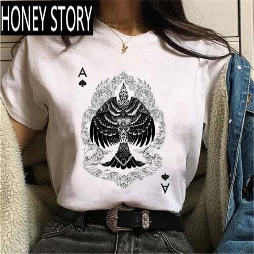 FIXSYS Women Harajuku Fashion Playing Cards Heart Graphic Print T Shirt Retro White Poker Funny Short Sleeve Femme Tops