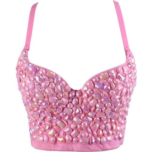 Pink Bead Womens Bra 2020 Summer Bustier Costume Diamond Push Up Night Club Party Bralette Cropped Top Vest Plus Size Stretch