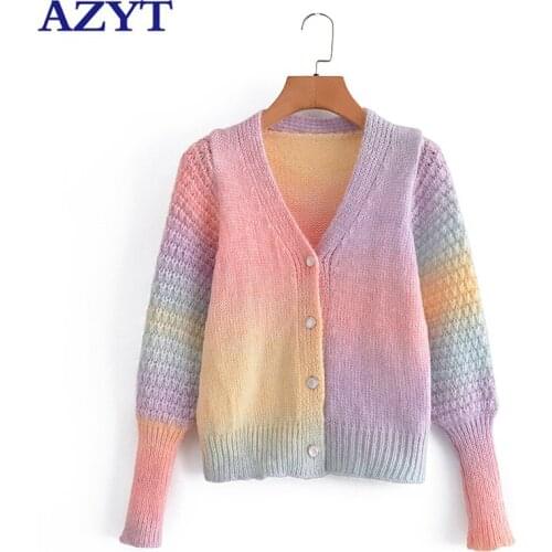 AZYT 2021 Autumn Winter Rainbow Sweater Cardigan Female Korean Loose V Neck Women Sweater Jacket Casual Long Sleeve Pull Femme