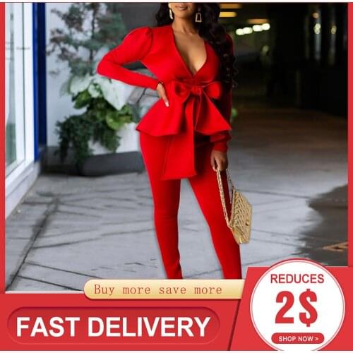Women 2 Pieces Set Long Sleeve Top And Pants Sexy Bowknot Club Outfits Office Ladies Party Two Pieces Suit Set Clothes Plus Size