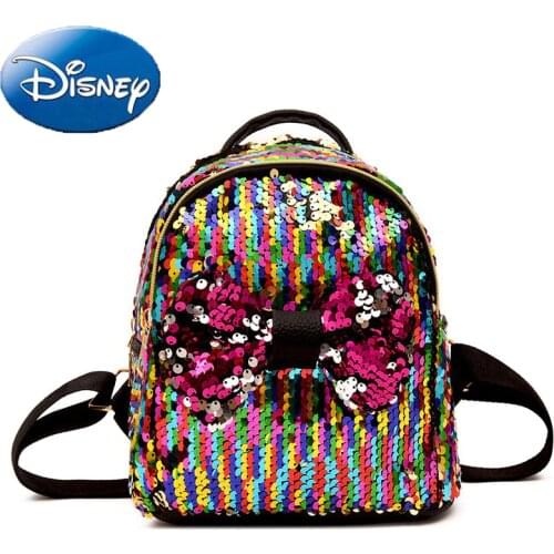 Disney Bag Minnie Mouse Bowknot Woman Backpack Exquisite Lady Cute Shoulder Bag Sequined Girl Shopping Handbag Large Capacity