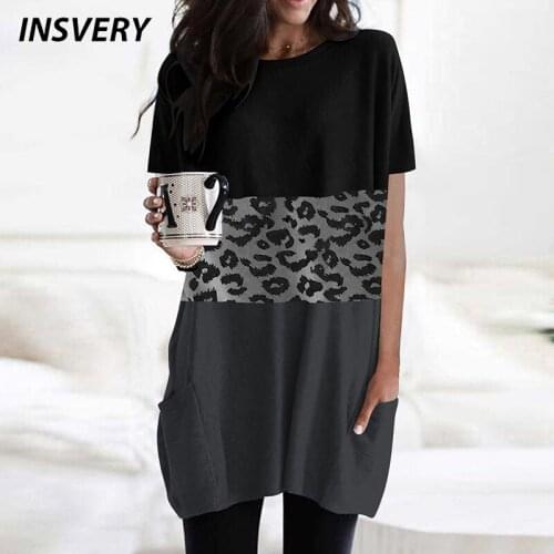 New Shirt Dress Women O Neck Pocket Summer Short Dress Loose Party Dress Plus Size Leopard Patchwork Print Mini Dress 2021