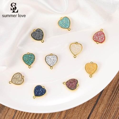 10PCS/Lot Wholesale Colorful Small Fak Druzy Charm fit Bracelet Gold Metal 2 Hole Connector Heart Pendant for DIY Jewelry Making