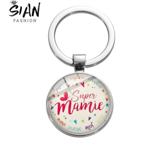 SIAN Super Mamie Super Papy Key Chain Chaveiro Je Suis Une Mamie French Word Key Ring Handmade Glass Pendant for Women Men Gifts
