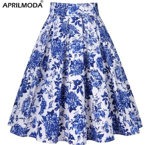 White Blue Harajuku Floral Pleated Skirts Womens School Korean Plus Size Punk Y2K Cotton Vintage 50s 60s Vintage Party Skater