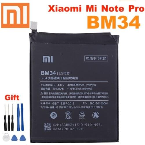 BM34 Xiao Mi Original 100% original Battery For Xiaomi Mi Note Pro 4GB RAM 3010mAh High Capacity Replacement Battery Free Tools