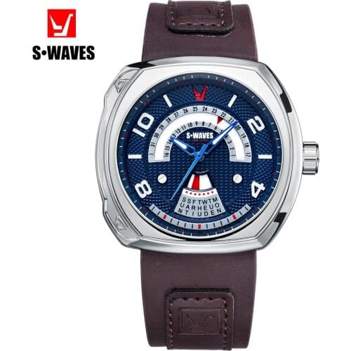 SWAVES Brand Luxury Men Watch Silver Blue Sport Date Water Resistant Relogios Masculino Quartz Leather Analog Wristwatch Mens
