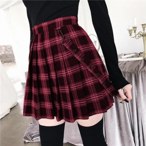 Women Fashion High Waist Plaid Strap Large Hem Pleated Party Mini A-line Skirt