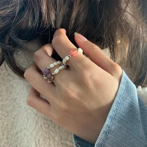 Momiji Freshwater Pearl Beads Rings for Women Handmade Bohemian Jewelry Elastic Adjustable Natural Stone Wedding Ring Party Gift