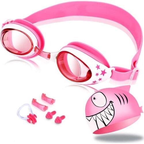 Swimming Goggles Silicone Nose Clip Ears Plug Shark Swim Cap Set Kids Girls Anti Fog Eyewear Swimming Glasses Children Age 3-12