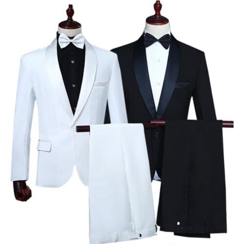 Singer star style dance stage clothing men groom suit set with pants mens wedding suits black white fashion formal dress tie